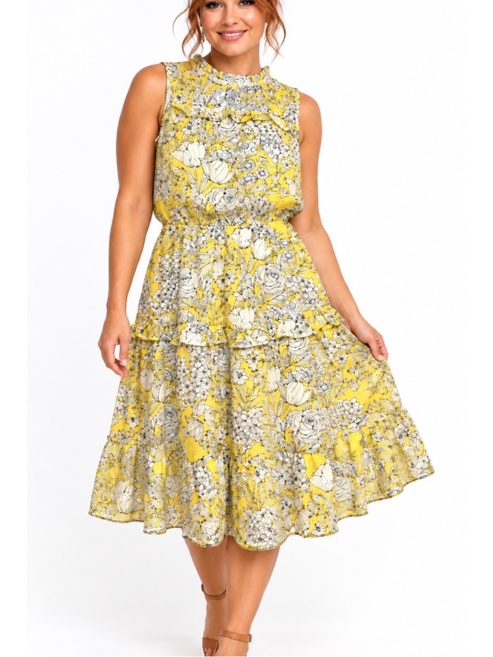 Monteau Los Angeles Yellow Floral Sleeveless Tiered Midi Dress - Medium